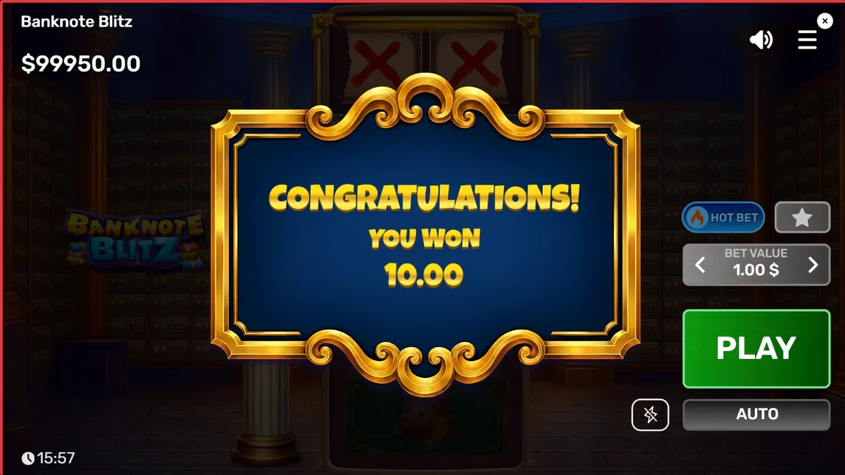 Interface do slot Banknote Blitz com tema de cofre de banco luxuoso