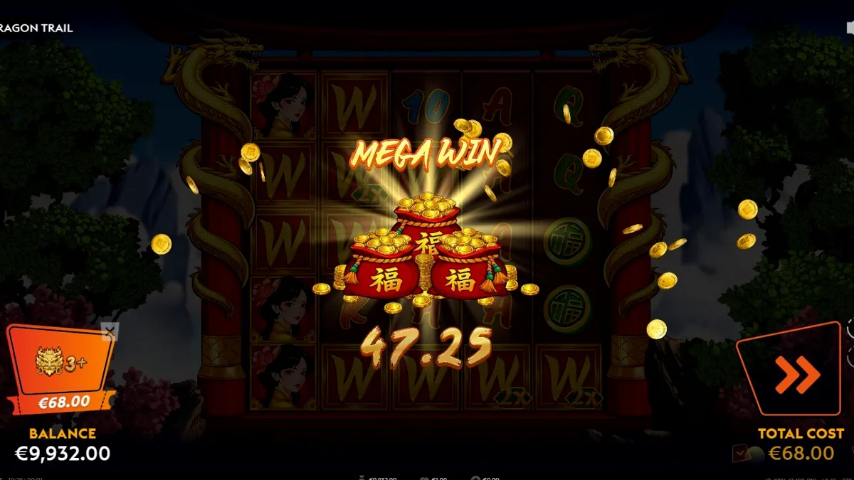 Visual vibrante do slot Dragon Trail com dragões dourados e pagode ao fundo