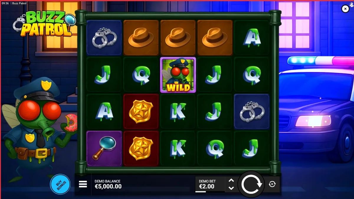 Tela de jogo do slot Buzz Patrol com personagens de insetos policiais